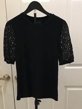 Premise Black Short-Sleeve Top with Lace Sleeves